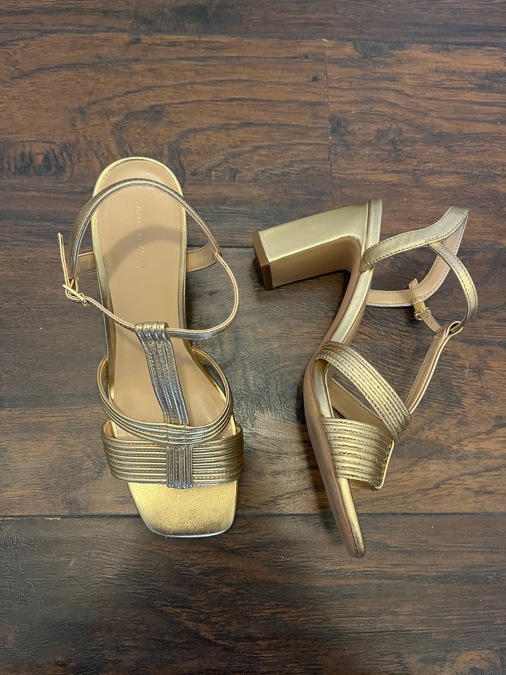 Ann Taylor Metallic Gold Block Heel Strappy Sandals